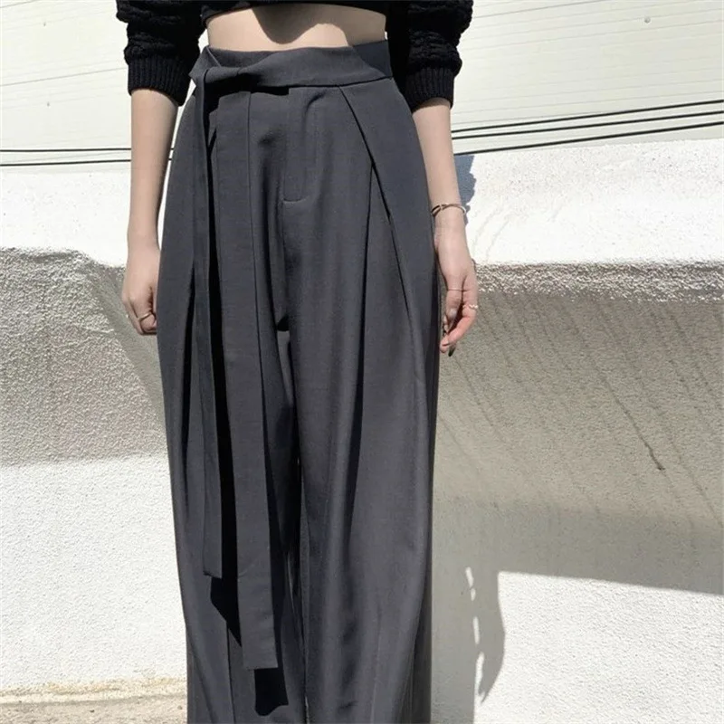High Waist Floor-Length Casual Women's Suit Pants Draping Sash Wide Leg Pants Elegant Drapey Trousers for Tall Women