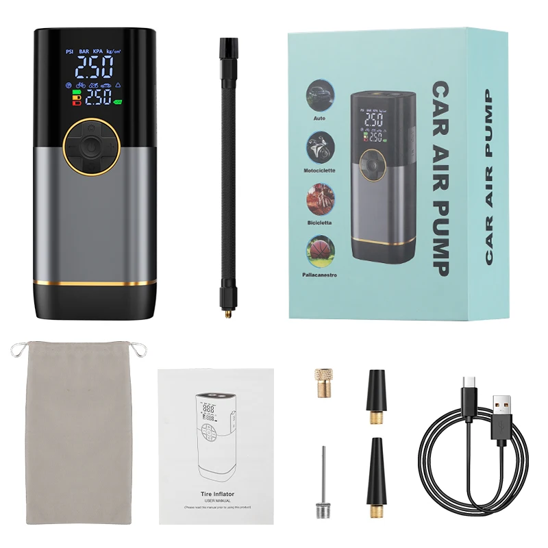 Metal Body Portable Mini Wireless Handheld Air Compressor Double Screen Display Multiple Use Car Inflation Tire Monitor 150psi