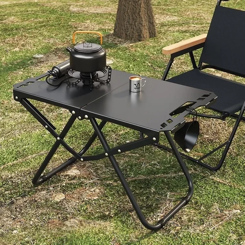 Portable Folding Camping Table, Lightweight Stainless Steel Outdoor Picnic Table with Hanging Slots for Beach, BBQ and Hiking