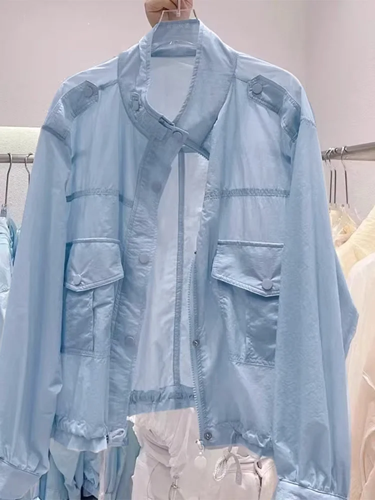 Casaco Casual Leve de Verão para Mulheres em Seda Gelada com Proteção UV, Estilo Novo com Gola  e F de Zíper de Manga...