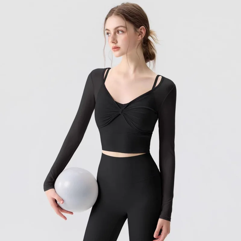 Long Sleeve Fake Two‑Piece Mesh Layer‑Look Athletic Top for Women V‑Neck Built‑In Bra Yoga Tee Gym Pilates Running Workout