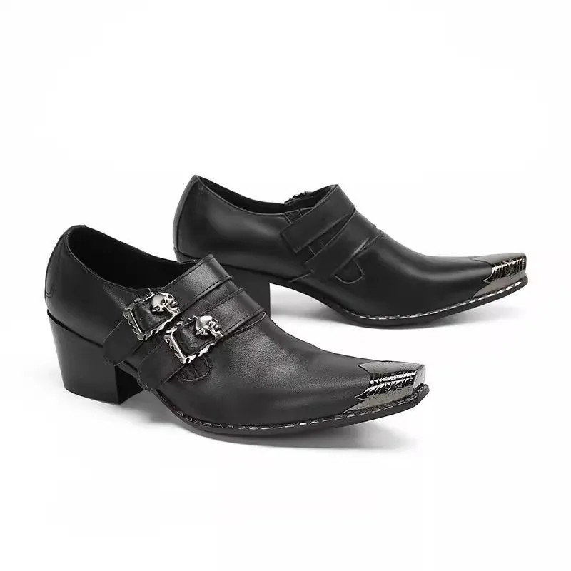 

Thick High Heels Iron Pointed Black Men's Shoes Gothic Skull Vinatge Formal Wear Real Leather Banquet Shoes for Gentlmen