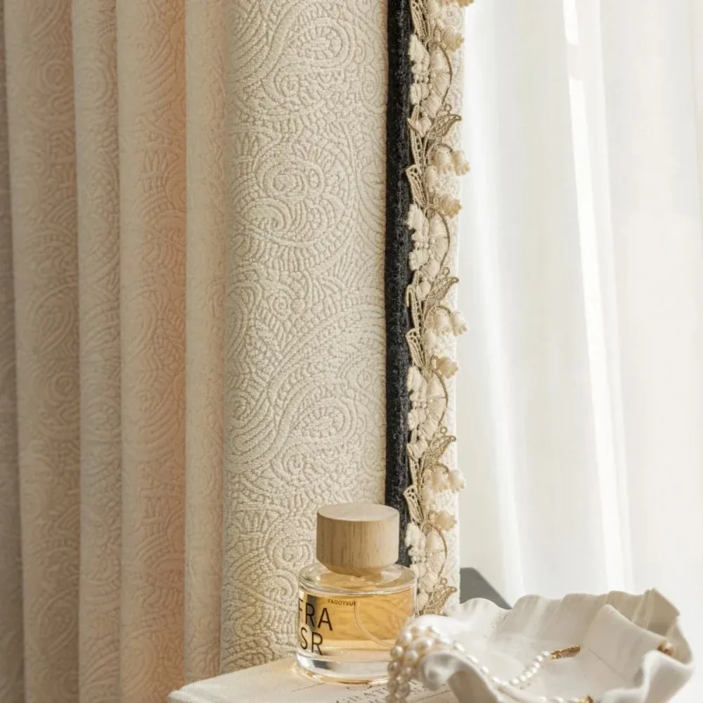 Custom Jacquard Cream White Thickened Chenille Lace Curtains for Living Room Bedroom French Window Balcony Window