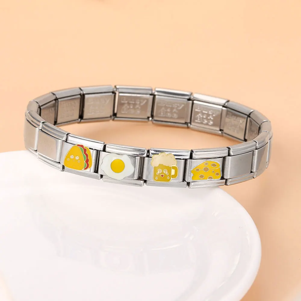 Semkeiyee Yellow Color Cheese Hamburg Beer Flower Heart Italian Charm Links Fit 9mm Charm Bracelet Making DIY Jewelry Cute Gift