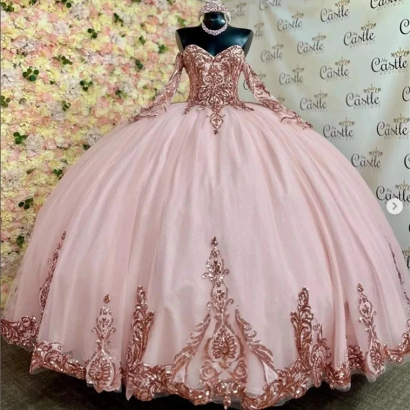 

ANGELSBRIDEP Pink Long Sleeves Ball Gown Quinceanera Dresses For 15 Party Sweetheart Sparkly Sequined Princess Birthday Gowns