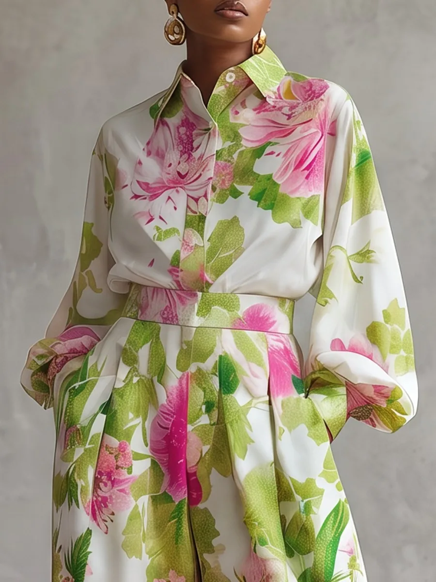 Modigirl Women Floral Print Collared Button Down Long Sleeve Blouse Satin Silky Oversized Casual Elegant Work Party Shirts