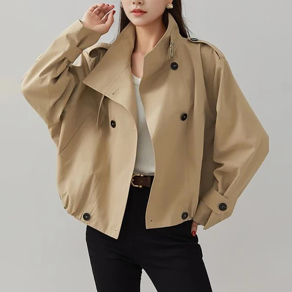 TWOTWINSTYLE Solid Casual Short Trench For Women Lapel Long Sleeve Patchwork Double Breasted Loose Coats Female Fashion Style