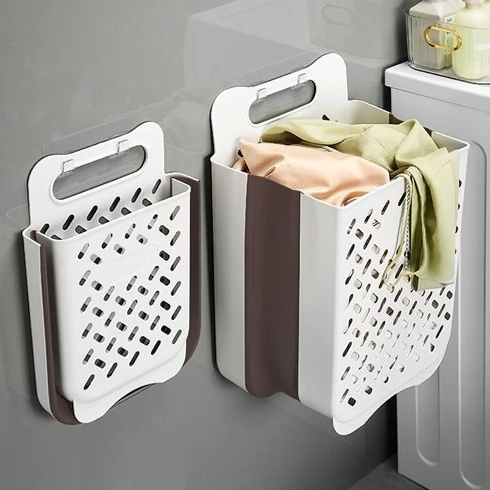 Wandmontierter, faltbarer Wäschekorb, hohl, atmungsaktiv, mit Griff, bohrfreie Installation für das Badezimmer