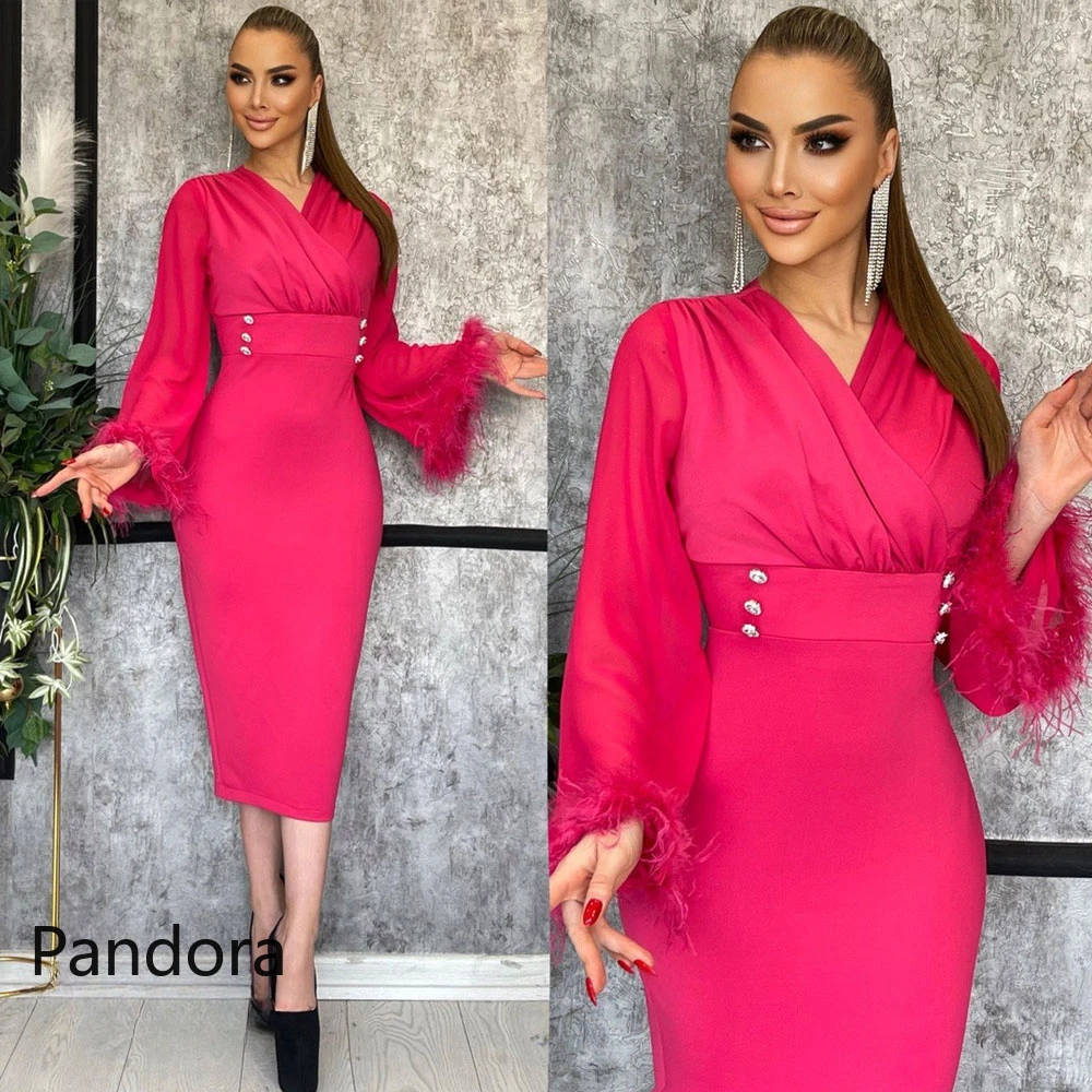 

Pandora V-Neck Dubai Prom Dress Long Sleeves Evening Dress With Ankle Length Summer Women Wedding Party Gowns