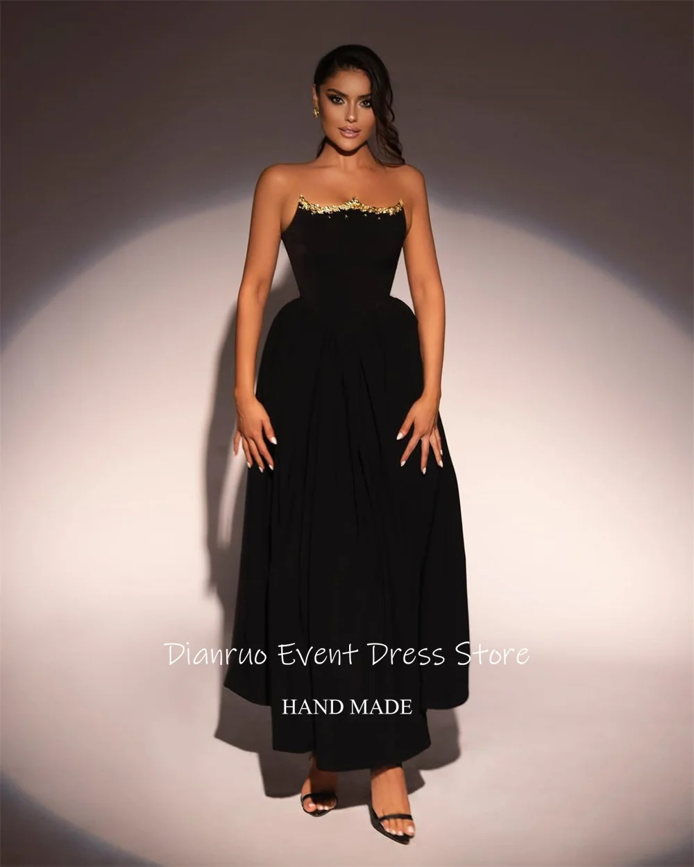 Dianruo Elegant Strapless Evening Dresses Black Ankle Length Prom Gowns A Line Ruched Lace Up Back Robe D'été Femme Customized