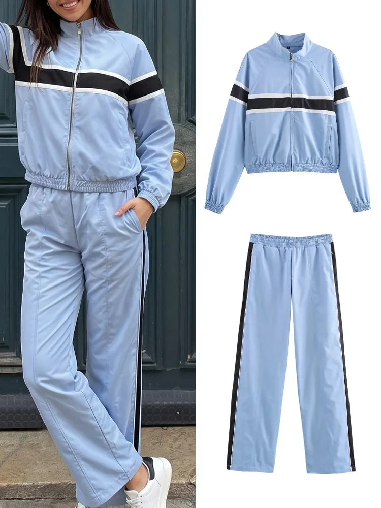 HH Women Side Striped Pant Sets Stand Collar Zipper Jacket Elastic Waist Straight Trousers Fashion High Street Lady Outfit