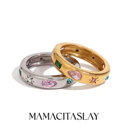 MamacitaSlay 316L Stainless Steel Multicolor Zircon Ring Waterproof 18K Gold Plated Jewelry For Women's Classic Ring Gift 2025