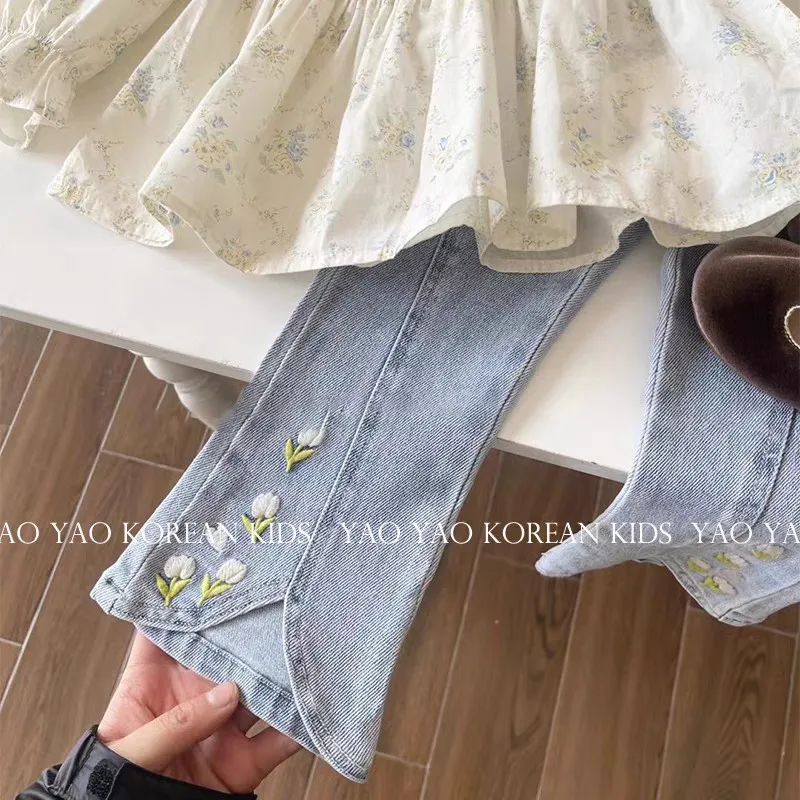 

Girls' Spring Clothes Autumn New Suit Korean Style Baby Floral Shirt Fashionable Trendy Fried Street Jeans