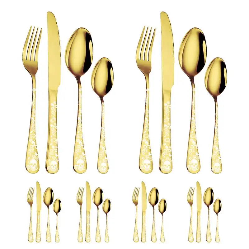 Stainless Steel Flatware Set Skull Pattern 24pcs Utensils Tableware Set Kitchen Forks And Spoons Set For Home Kitchen Eating