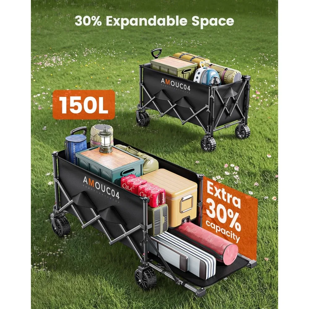 Składany wózek transportowy z możliwością rozszerzania przestrzeni do przechowywania, pojemność 150L, idealny na kemping i na zakupy.