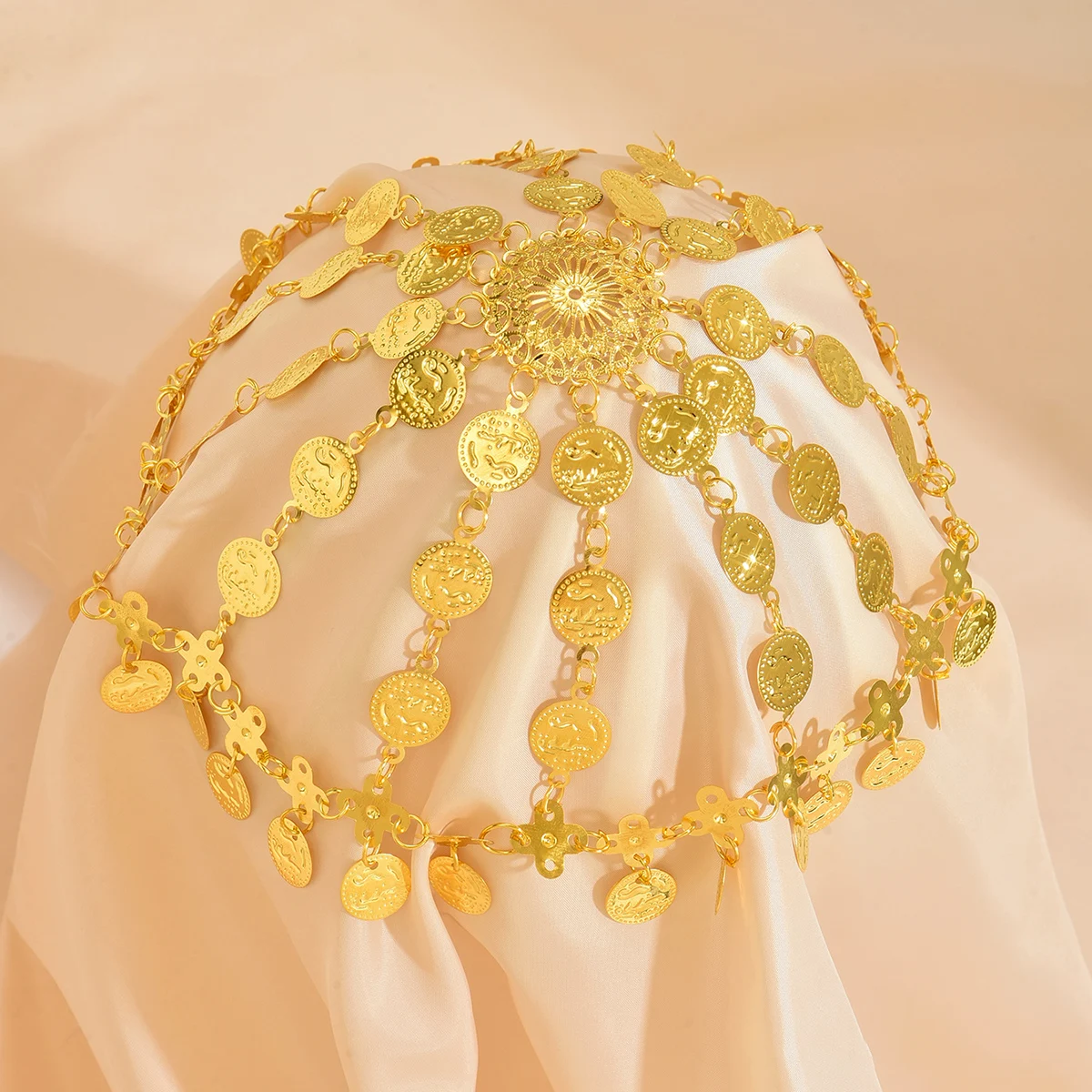 Arabian Retro Ethnic Style Exotic Charm Metal Coins With Arabic Text Patterns Carrying Indian Dance Stage Performance Headwear