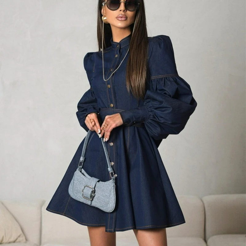 Spring Autumn New Denim Shirt Dress Features Niche Design with Lantern Sleeves Lace-up Exuding Stylish Elegant Vibe for Women