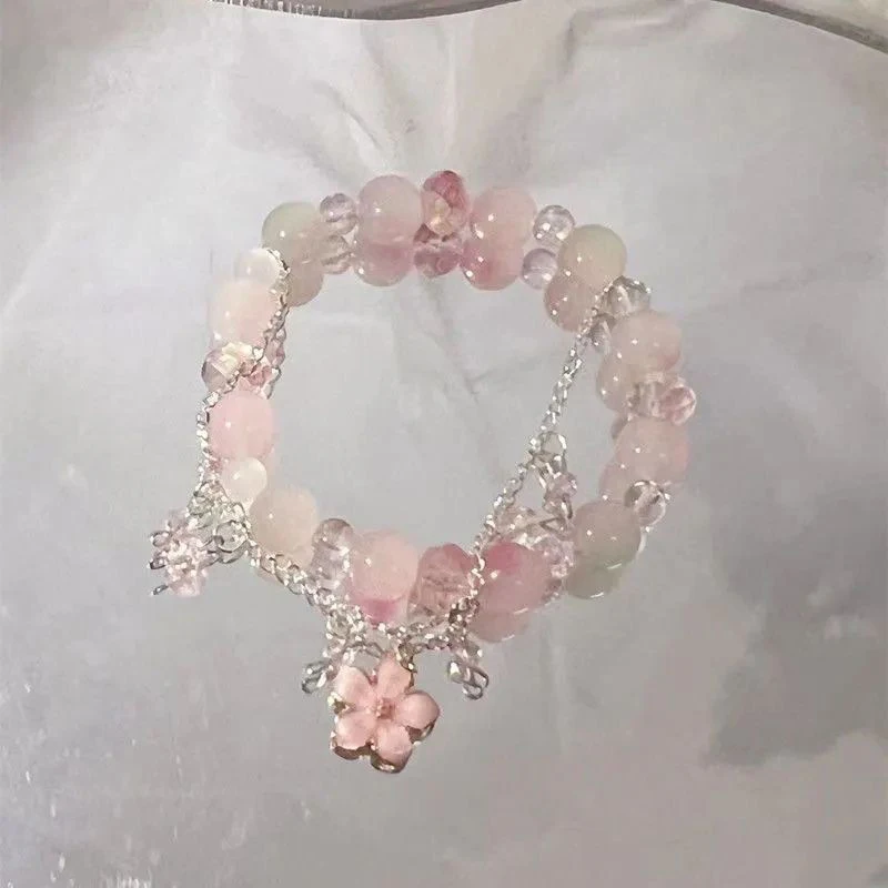 

1Pc Sweet Pink Flower Pendant Beaded Chain Bracelet Women Trendy Jewelry Perfect Valentine's Day Gift