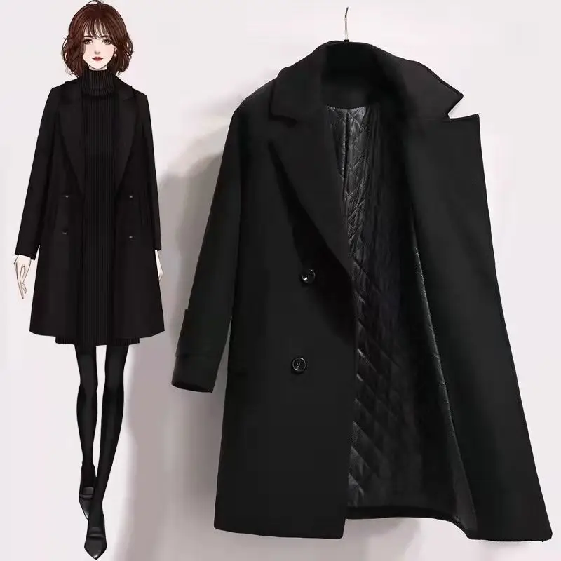 

Black Thickened Woolen Coat For Women 2025 New Autumn And Winter Korean Version Waist Closing Black Add Cotton Women's Blazer