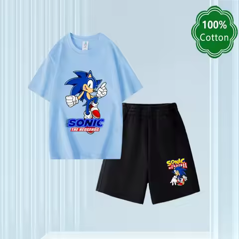 2025 100% Cotton T-shirt Shorts Set Children's Anime Sonic Sportswear Men's and Women's Clothing Knitted Top Girls' Clothing