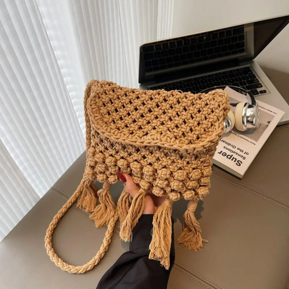 

Hollow Out Cotton Thread Woven Bag Beach Handbag Bohemian Style Tassel Beach Bag Crochet Bucket Bag Hollow Shoulder Bag