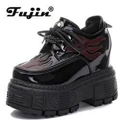 Fujin 12cm nowa skórzana platforma klin jesień wiosna Chunky Sneakers kobiety ukryte obcasy bardzo wysokie buty mody kobiet