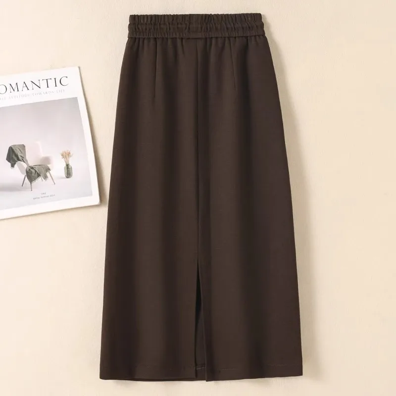 Women Plus Size Mid-length Straight Sweat Skirt Elastic Drawstring Waist Autumn Winter Skirt Fleece Lined / Regular Option