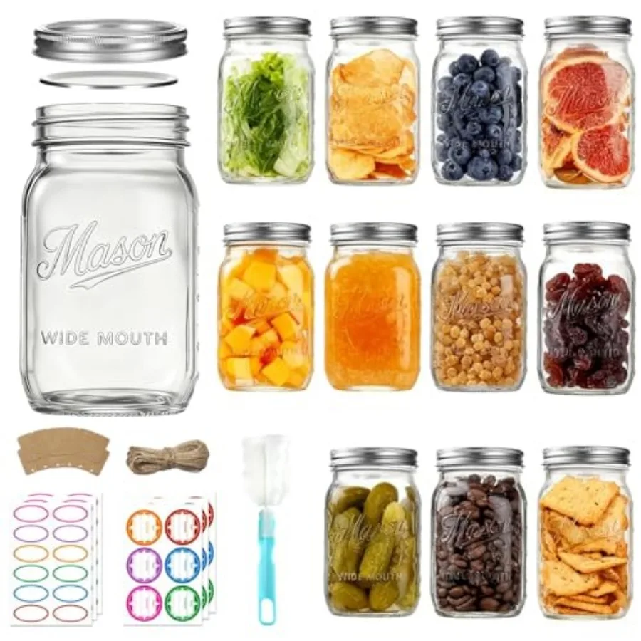 

Mason Jars 32 oz, 12 Pack Large Wide Mouth Mason Jar with Airtight Lids and Bands Quart Glass Canning Jars for Pickling, Fermen