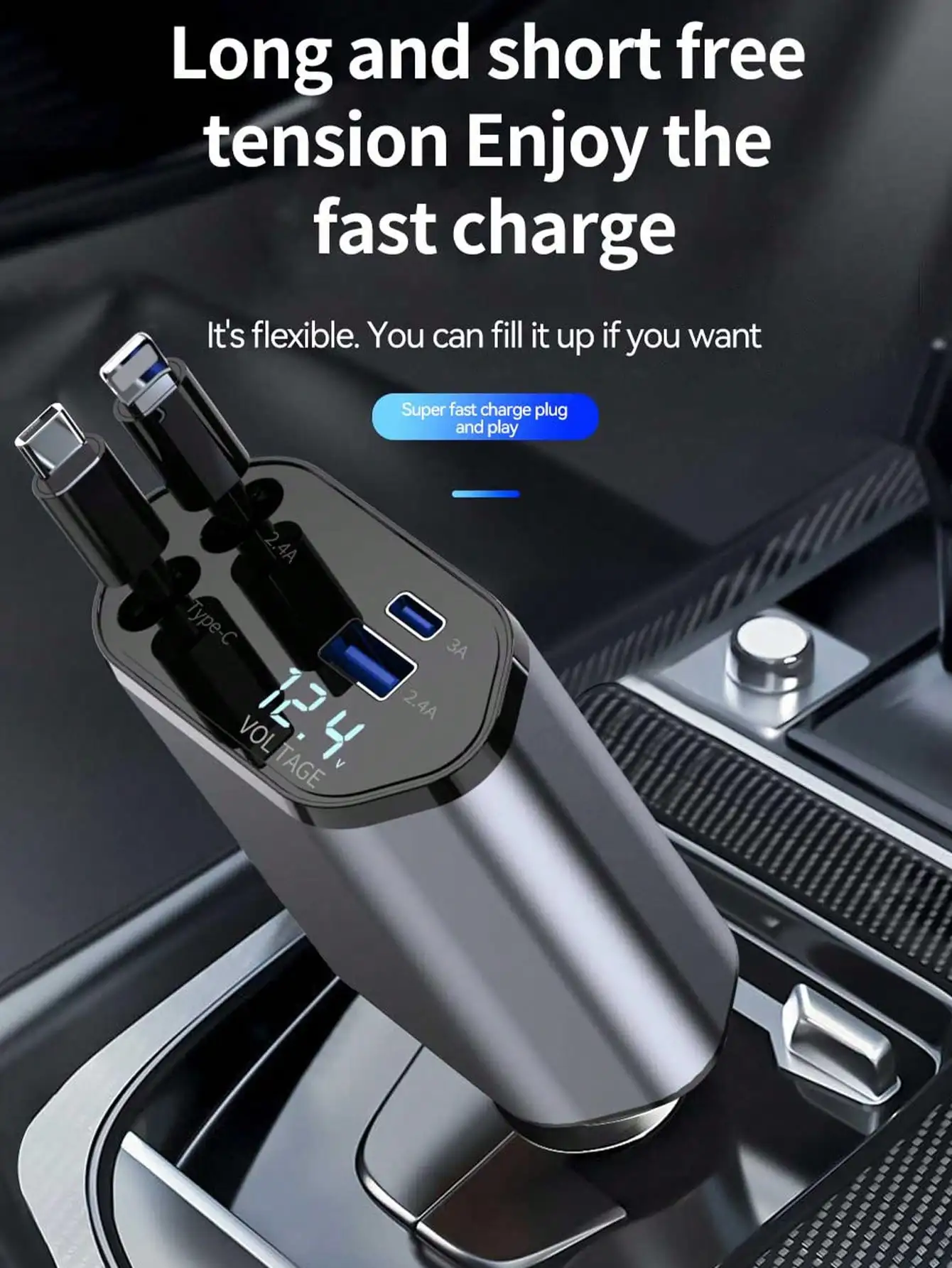 

Dual-port fast car charger charges four devices at once. Digital voltage display monitors real-time status, widely compatible with phones and tablets. Compact portable design, fine practical gift choice