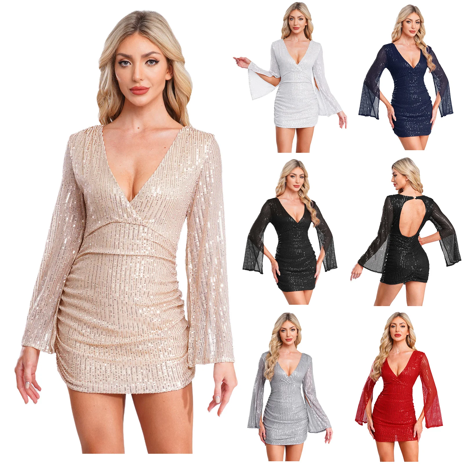 Women Sequin Mini Dress Long Split Sleeve V Neck Backless Sparkly Cocktail Party Bodycon Dress Banquet Prom Night Out Clubwear