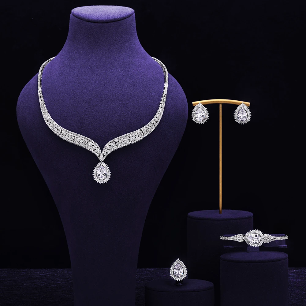 HIBRIDE Sliver color Stereo Water Drop Necklace Earrings Bracelet Set Womens Everyday Elegant Jewelry Wedding Party Gift S-1050