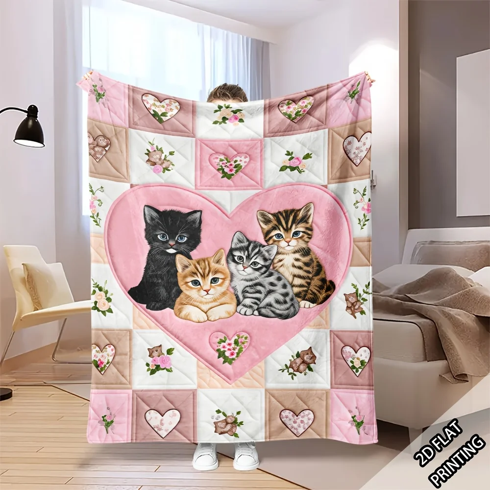 (2D Digital Printing) 1pc Cute Three-cat Cartoon Pink Heart-shaped Floral Pattern Blanket, Designed as a Warm and Healing Series