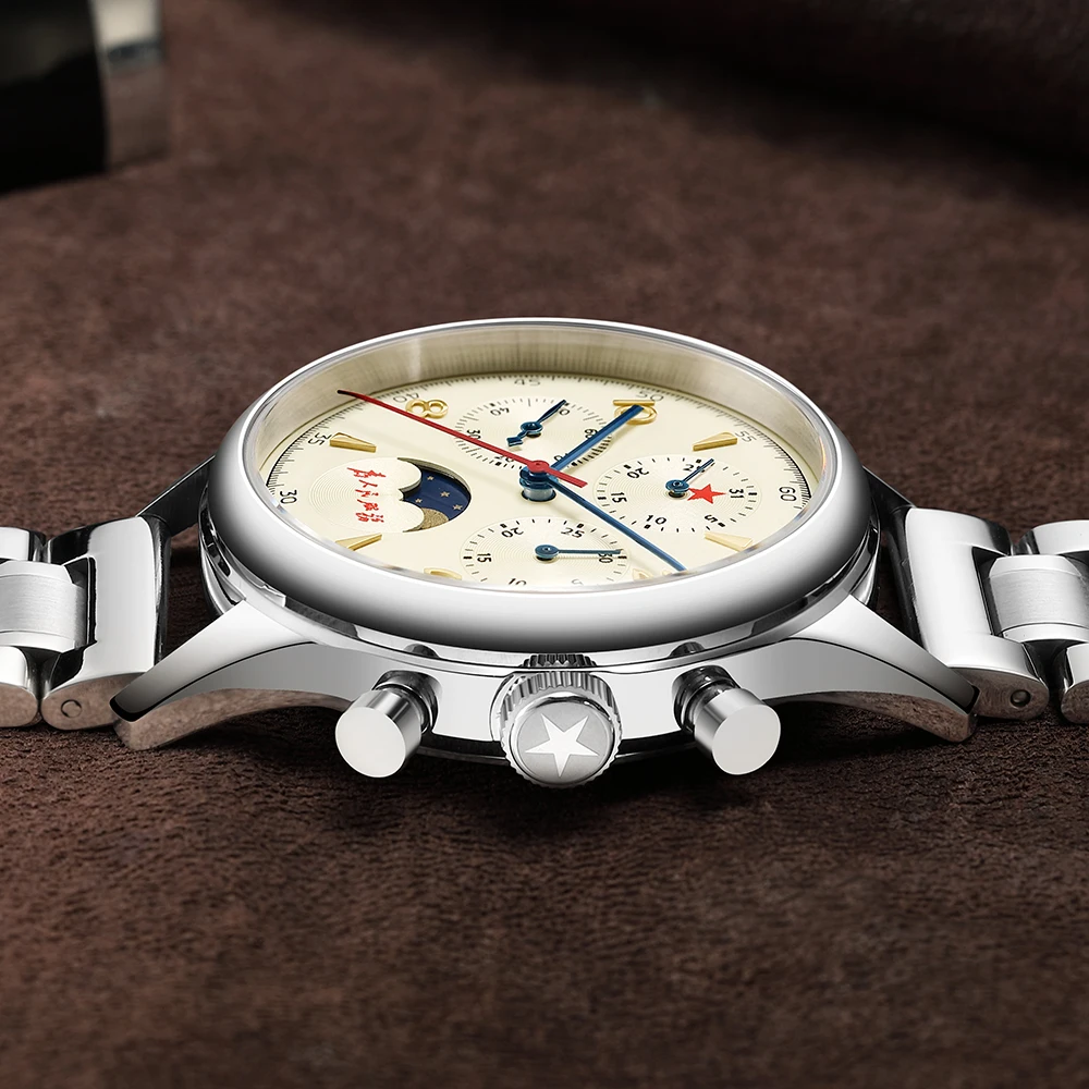 SEAKOSS RED STAR 1963 Moon Phase Chronograph Mechanica Men\'s Stainless Steel Watches ST1908 Manual Winding Sapphire 40mm Watch