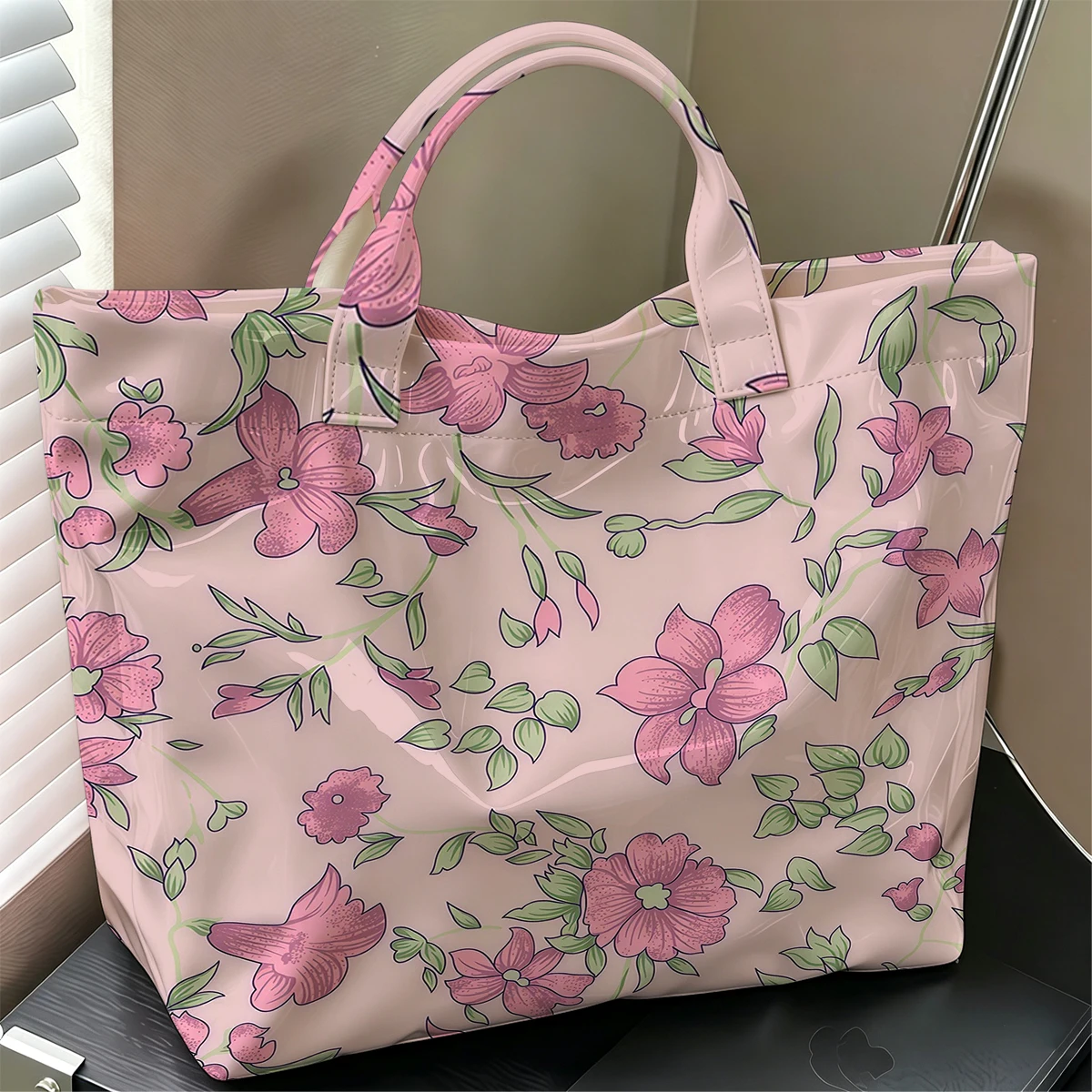 Blush Blossom Stylish Large Glossy PVC Tote Bag Washable Waterproof Durable Ideal for Travel Commute Cosmetics Books Handbags