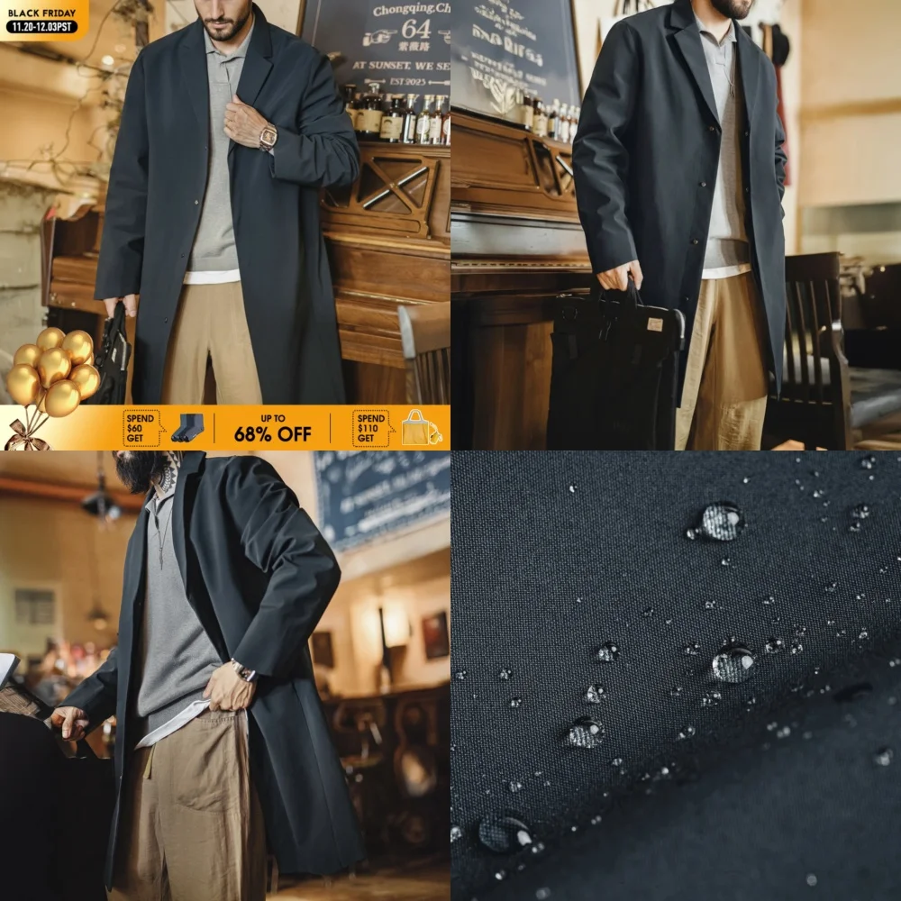 

Maden Men's Vintage Trench Coat Mid-Length Water-Repellent Overcoat Blue Lapel Back Vent Windbreak for Spring Fall