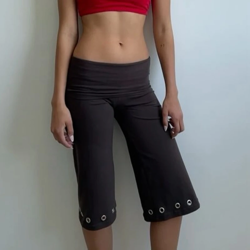 Women 90s Vintage Fold Over Capris Grommet Eyelet Cropped Pants Knee Length Bermuda Shorts Y2k Going Out Lounge Bottoms