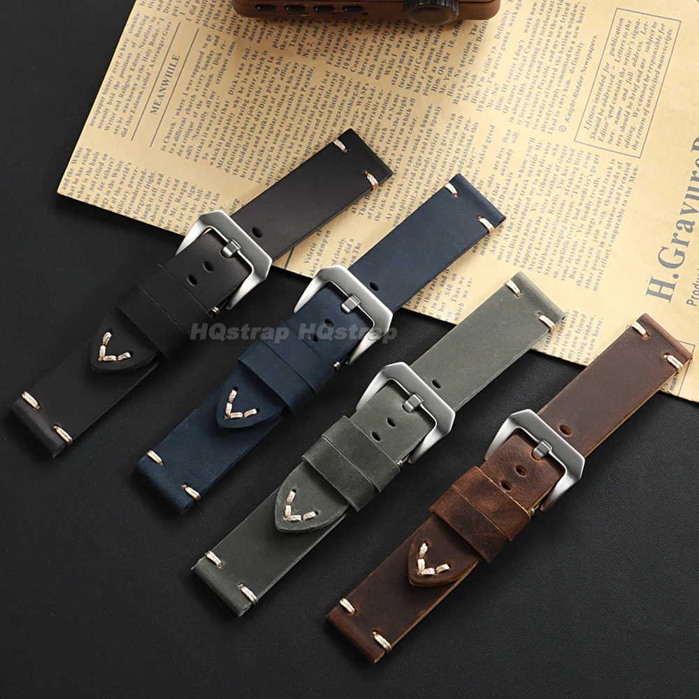 Vintage Soft Leather Strap Handmade Stitching Cowhide Bracelet 18mm 20mm 22mm 24mm 26mm for Panerai Men's Crazy Horse Watch Band