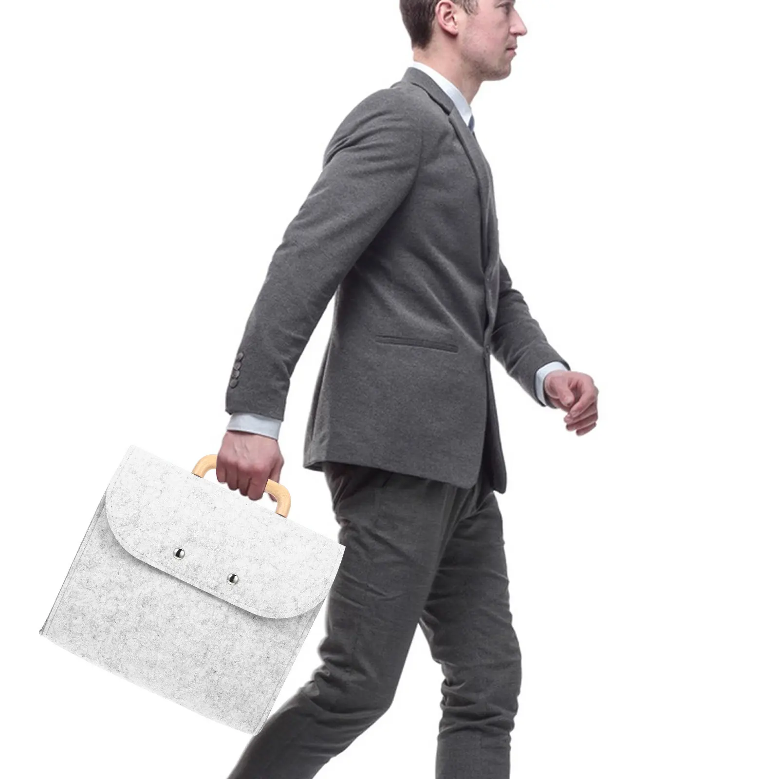 Business Tote Bag Felt File Organizer Portable File Holder Soft Felt Storage Case Wooden Handle Minimalist Office Handbag