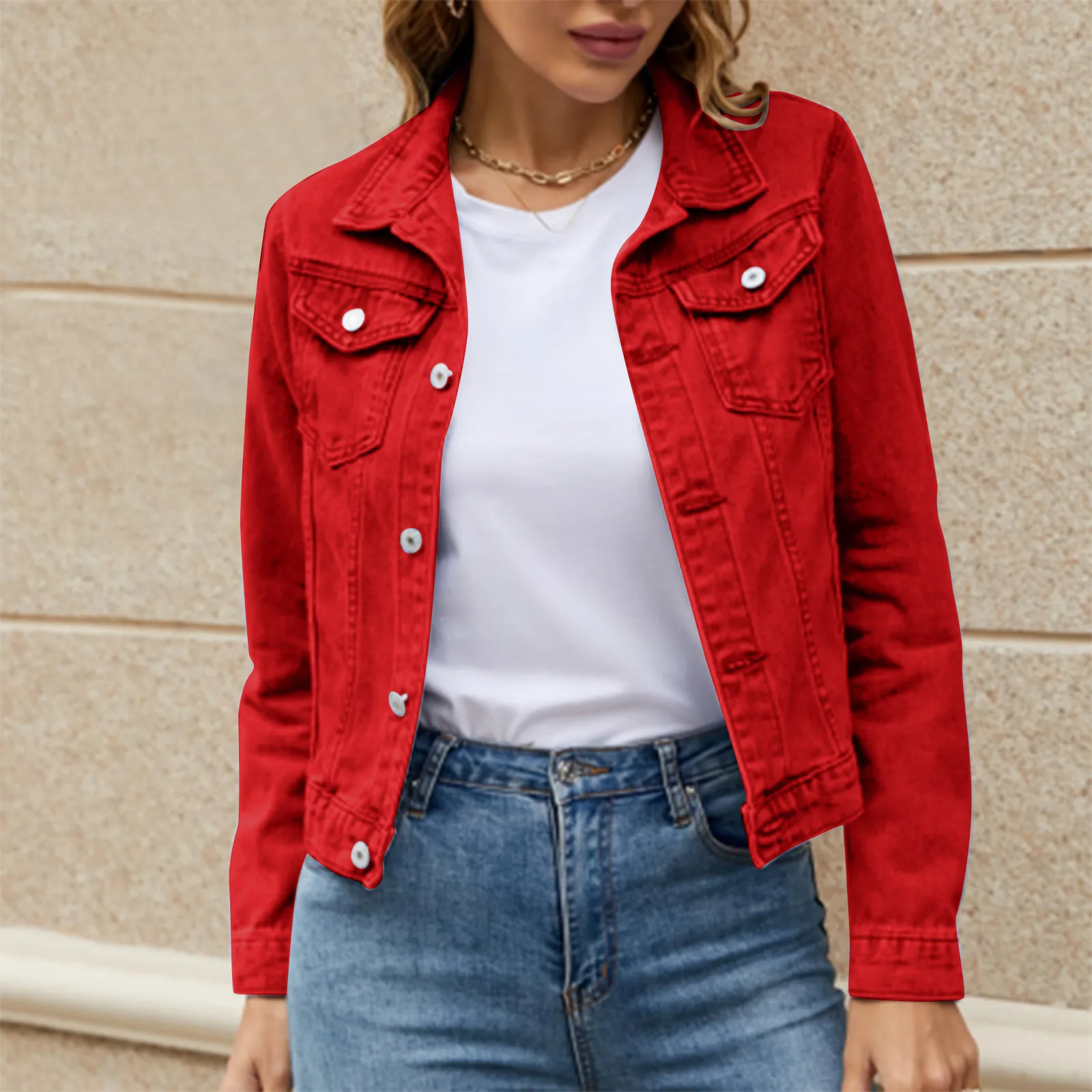 

Red Women's Coat Jacket Solid Color Button Down Jacket With Double Pocket Lapel Outwear Fashion Cool Women Crop Top