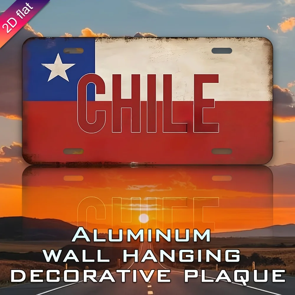 Arte de pared de metal con bandera chilena plana y vintage 2D - 29,97x14,99 cm Mapa de Chile de hierro impreso UV y placa decorativa con emblema nacional para