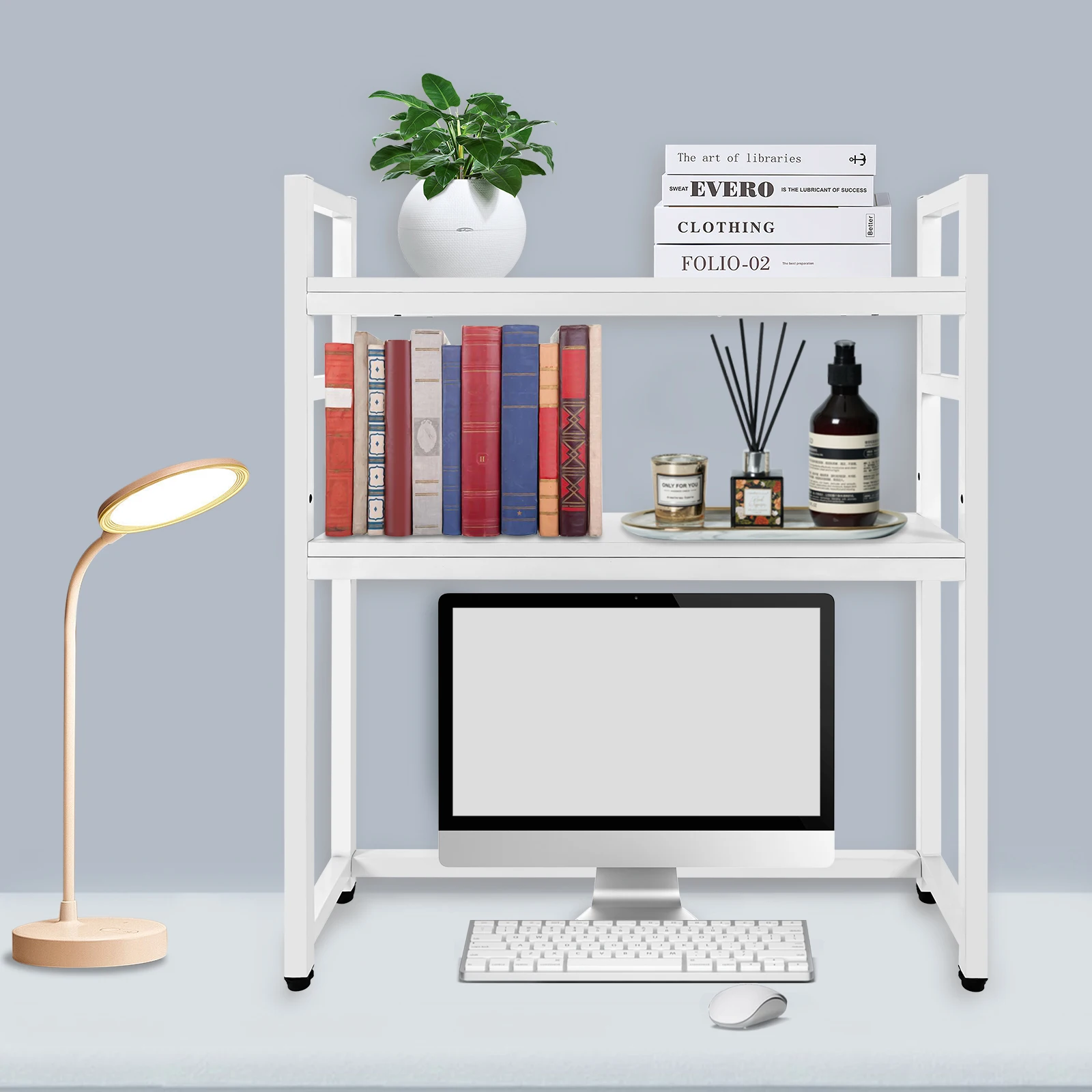 90x75cm Computer Desktop Bookcase 2-Tier Multipurpose Countertop Shelf Adjustable Wood Rack Organizer for Home Dorm Office