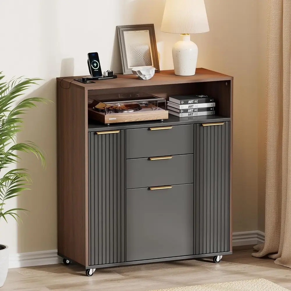 

Тумба-сервант из черного ореха с 3 ящиками и регулируемыми полками, передвижная тележка с блокирующимися колесами для прихожей, гостиной и кухни