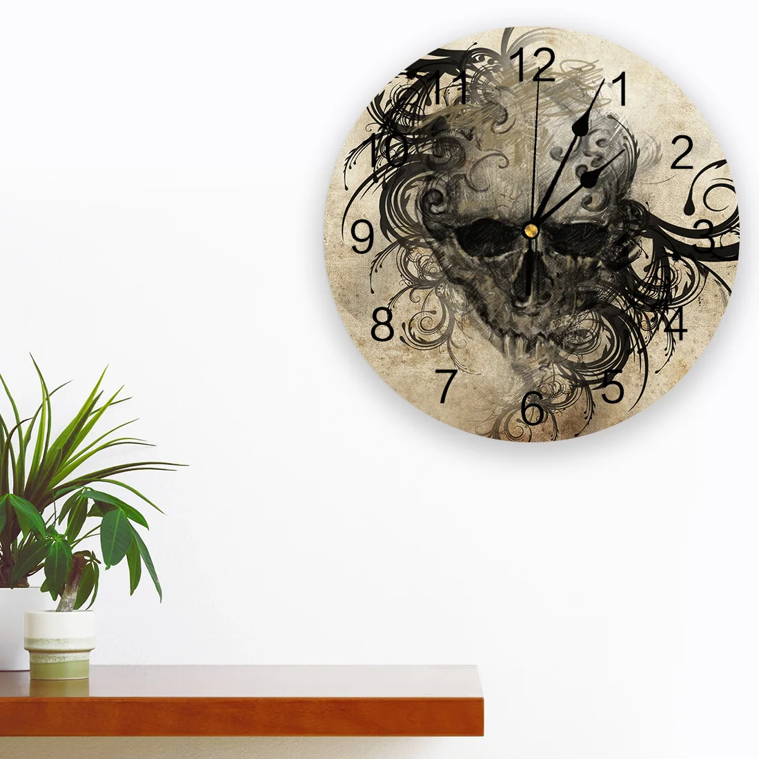 Tattoo Art Skull Vintage Halloween Round Wall Clock for Home Decor Living Room No Ticking Sound Modern Creative Wall Clocks