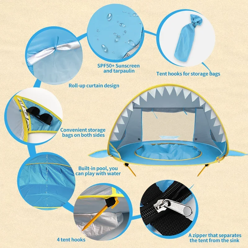 어린이용 수영장 해변 텐트, 해변 자외선 차단 햇빛가리개, 자동 부모-자녀 게임, 모래 구덩이 집, 휴대용 쉘터