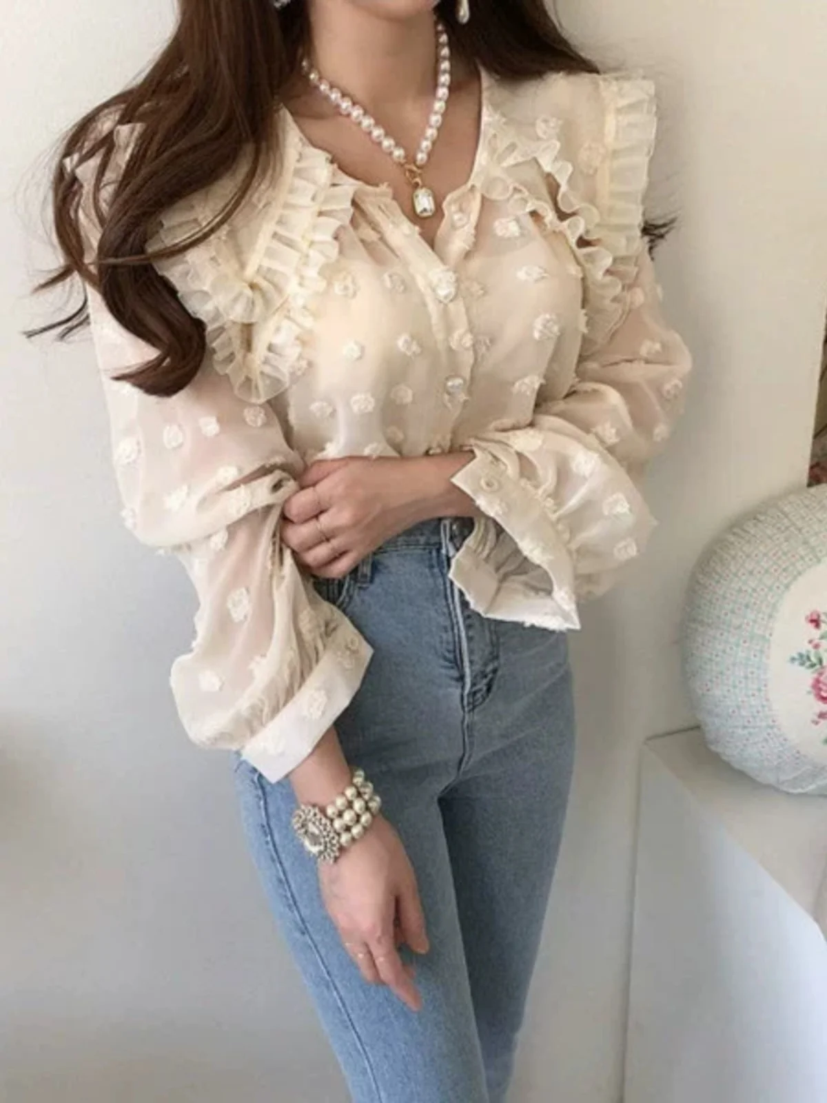 Solowen Pearl Button Long Sve irt Double Layered 3D Fluffy round Ne Design Commute Sle Pure Color Straight Cut