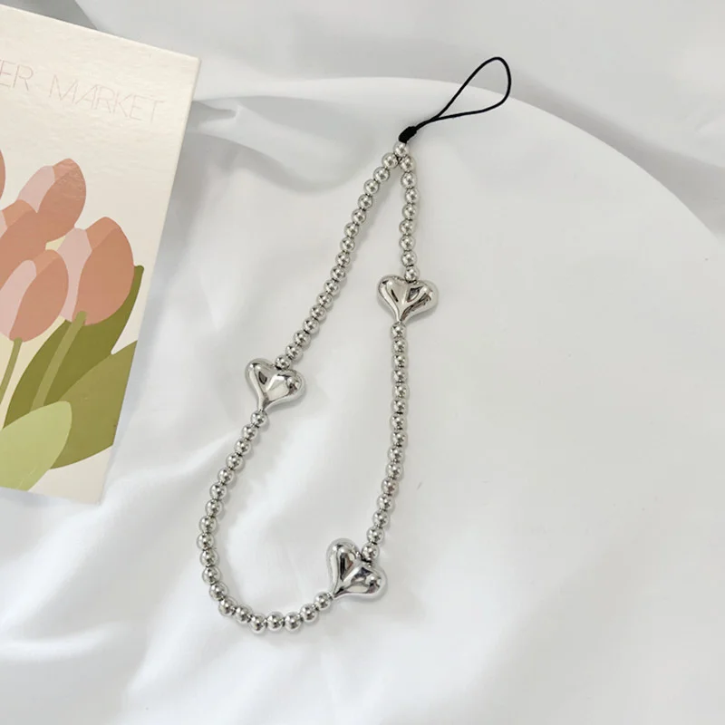 

HOT! INS Y2K Silver Love Heart Bowknot Phone Charm Strap Bead Pendant For Phone Accessories Hanging Rope Girl Jewelry