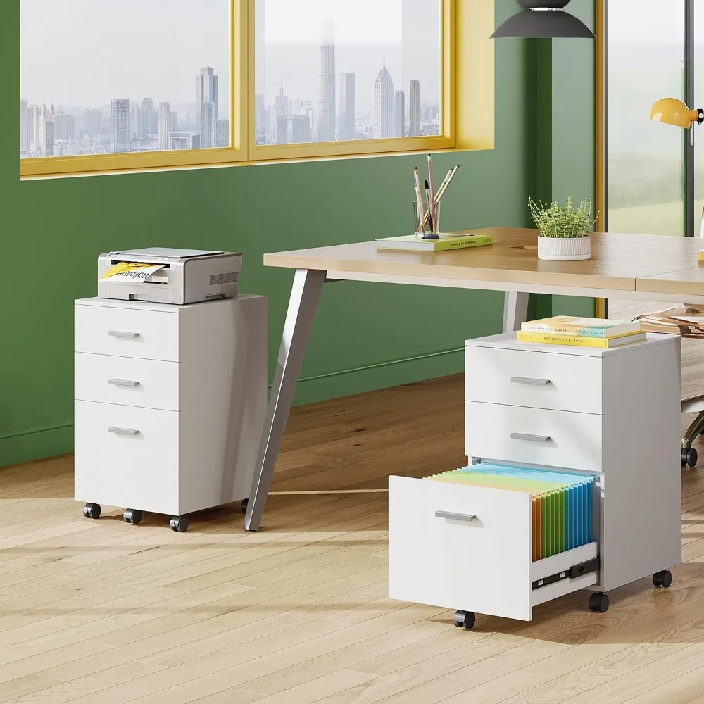 3 Drawer Wood File Cabinet Under Desk, White Rolling Printer Stand for Home Office, Fits A4/Letter