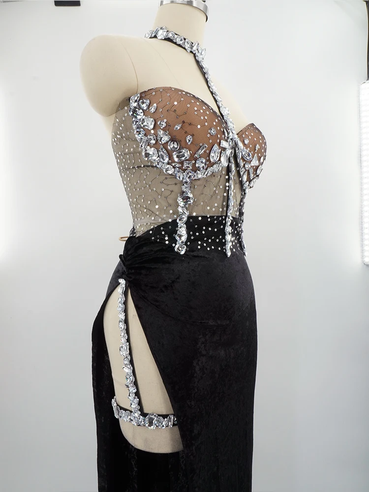 패션 섹시한 반짝 이는 검은 스팽글 저녁 크리스탈 드레스 여성 우아한 저녁 클럽 파티 여성 가수 공연 의상