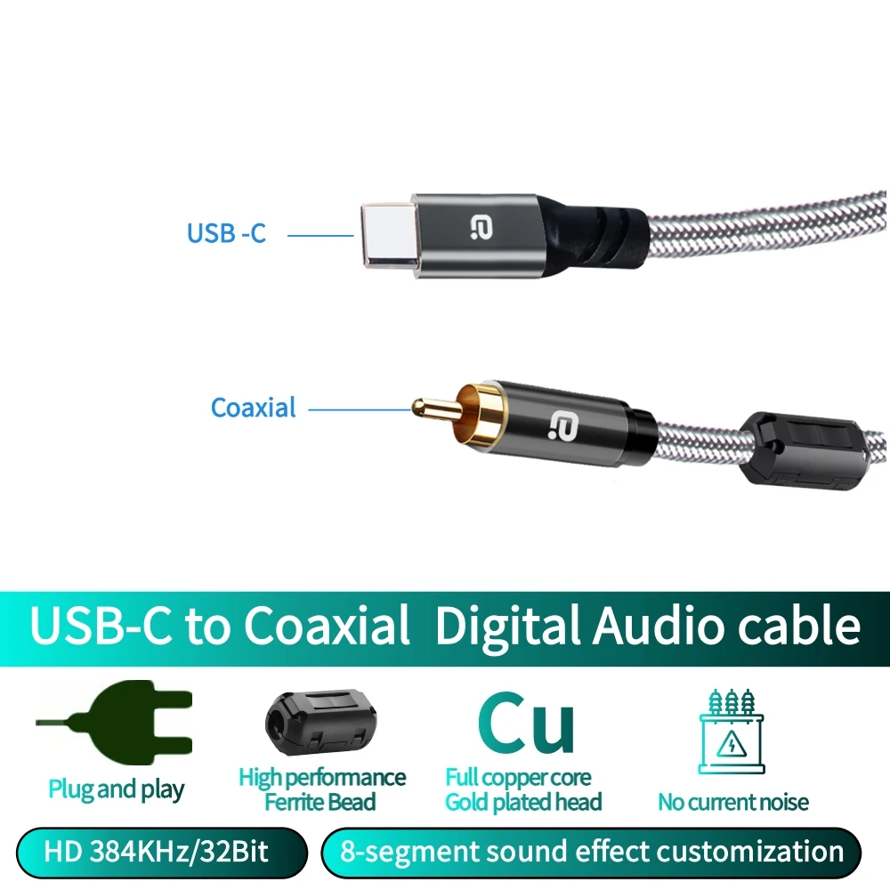 Câble USB C vers coaxial, adaptateur audio numérique RCA de type C, câble SPDIF pour décodeur DAC, amplificateur, préamplificateur sonore 384K/32Bit