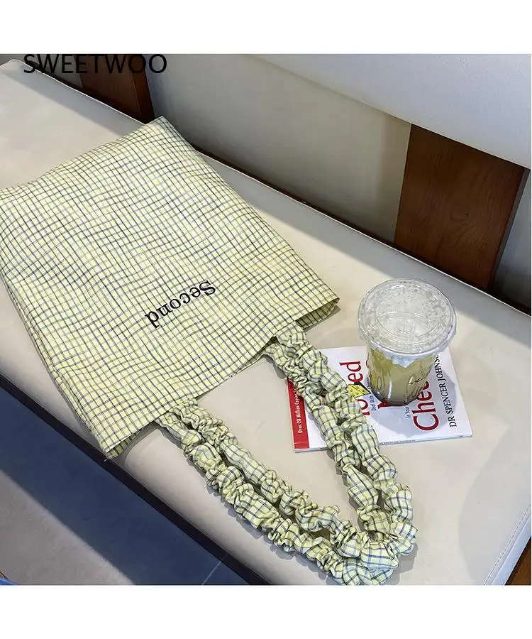 Korean Plaid Canvas Tote Bag Ruched Gathered Handle Embroidery Letter Second Three Pastel Color Casual Student Daily Shopper